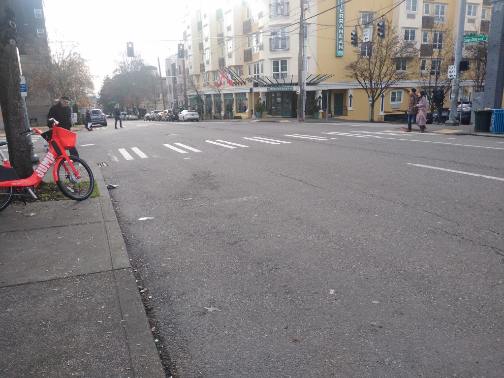 The planned protected bike lane will run from Mercer Street to Thomas Street on Queen Anne Ave N on the east side of the street. (Photo by the author)