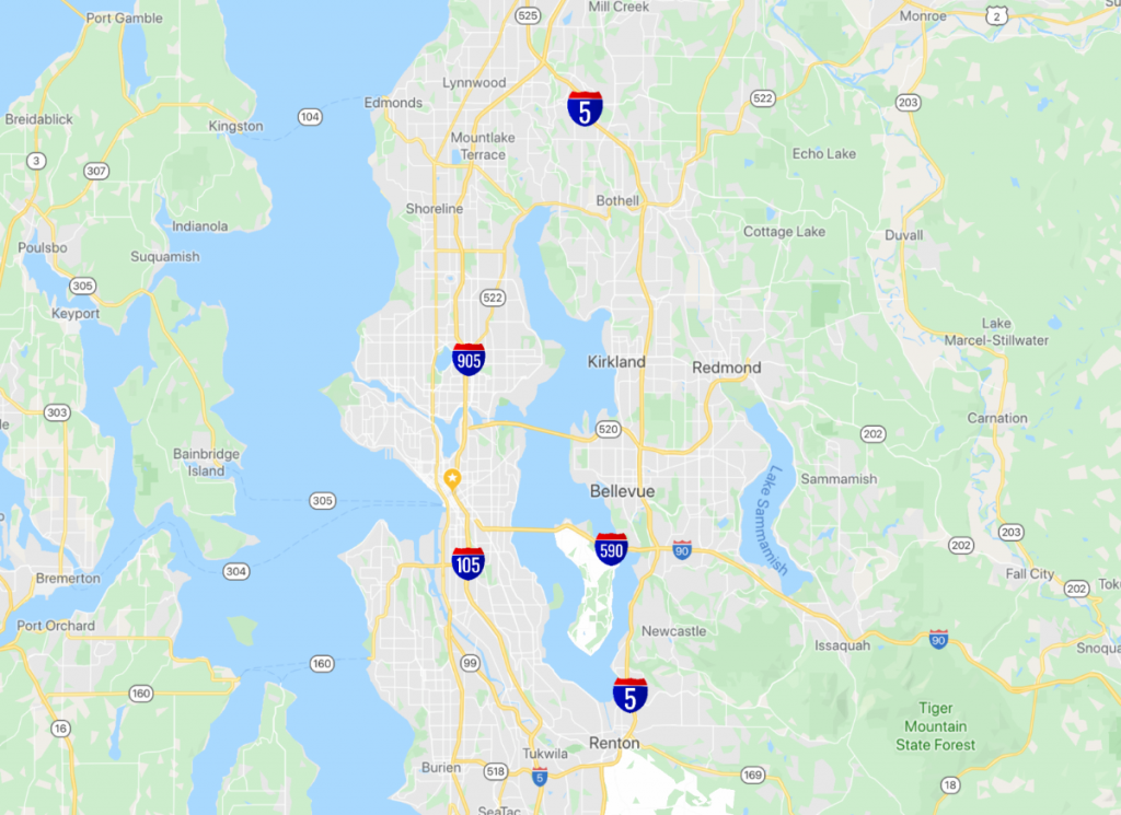 A revised naming scheme for Seattle’s urban highways. Interstate 5 should be outside of the city, with spurs (I-105, I-590, and I-905) coming into the city. This would permit a reimagining of the roads in the city. (Google Maps with revisions by Ray Dubicki)