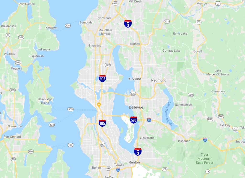 A revised naming scheme for Seattle’s urban highways. Interstate 5 should be outside of the city, with spurs (I-105, I-590, and I-905) coming into the city. This would permit a reimagining of the roads in the city. (Google Maps with revisions by Ray Dubicki)