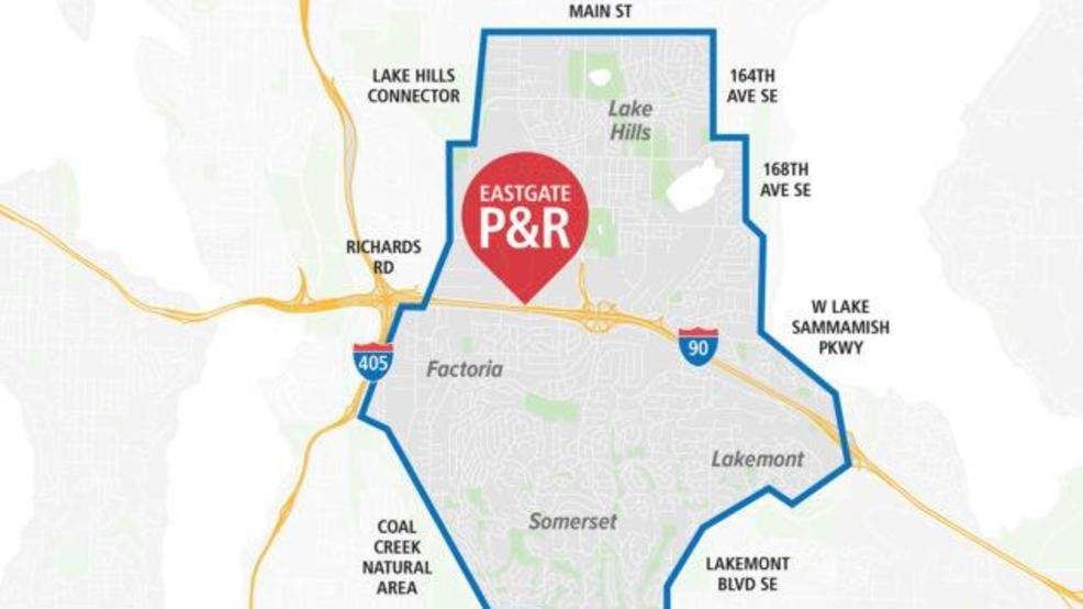 Factoria, Somerset and Lakemont are south of Eastgate Park and Ride, while Lake Hills is north of it, in case you had no idea where those neighborhoods were in Bellevue. (King County Metro)