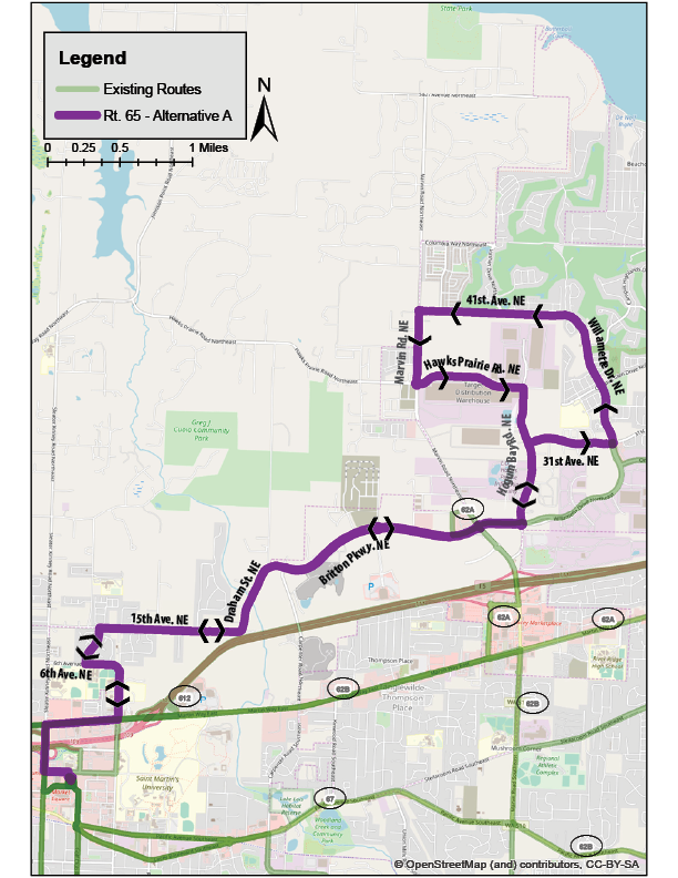 Map of the alternative A alignment for New Route 65. (Intercity Transit) 