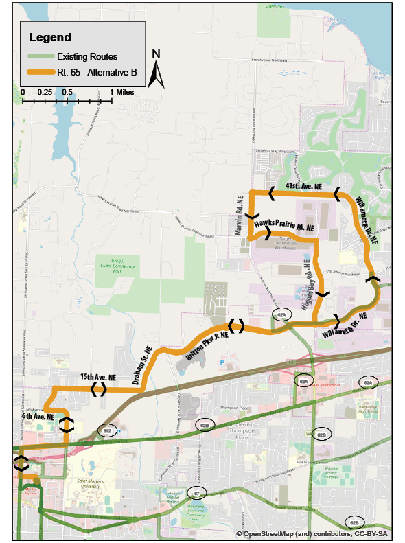 Map of the alternative B alignment for New Route 65. (Intercity Transit) 