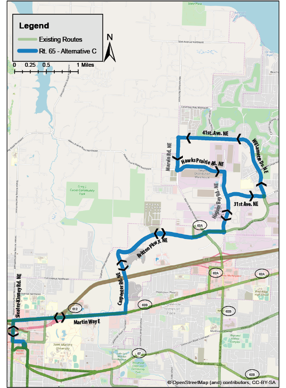 Map of the alternative C alignment for New Route 65. (Intercity Transit) 