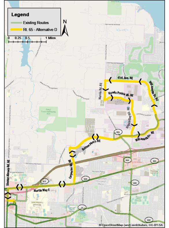 Map of the alternative D alignment for New Route 65. (Intercity Transit) 