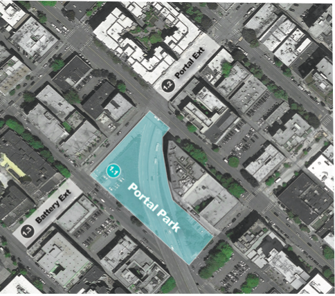 This map closeup shows the location of the future park, which will occupy about three acres between Western and 1st and Battery and Bell Streets. (Credit: Recharge the Battery)