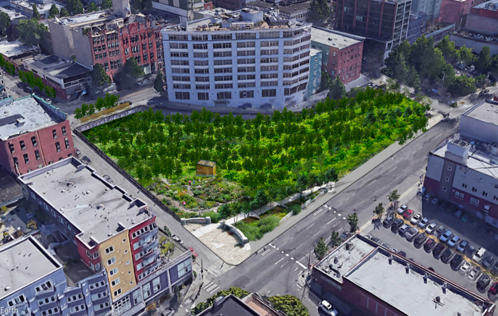 A rendering shows a triangle shaped green park with trees surrounded by buildings and streets.