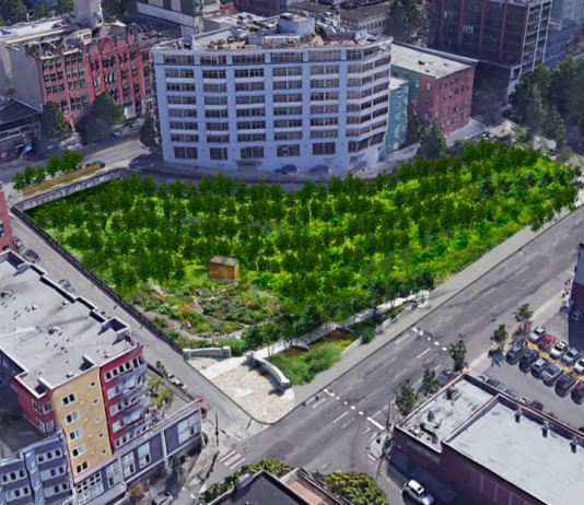 Battery Portal: A New Park for Belltown A rendering of an orchard concept for the future park planned at the Battery Portal Site in Belltown. During the next year there will be opportunities for the public to contribute design ideas for the future park. (Credit: Recharge the Battery)