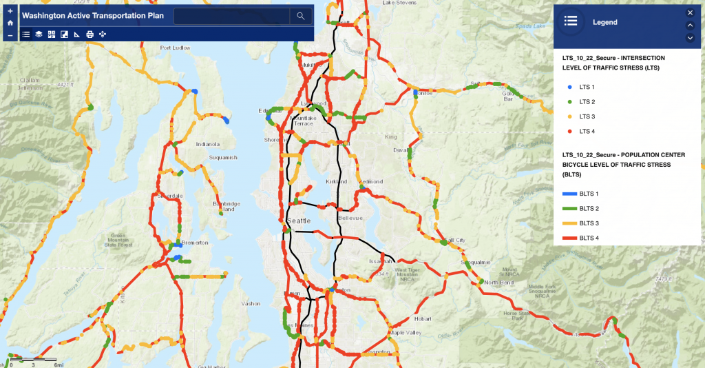 Biking stress level ratings of state highway assets in Central Puget Sound. (WSDOT)