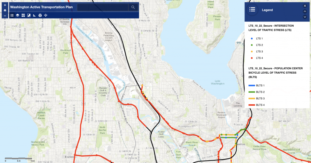 Biking stress level ratings of state highway assets in Central King County. (WSDOT)
