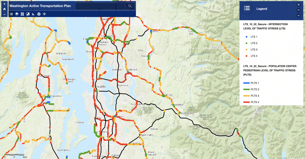 Walking and rolling stress level ratings of state highway assets in Central Puget Sound. (WSDOT)