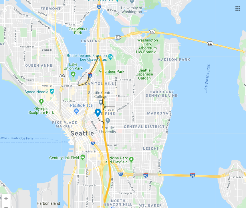 A deep-bore tunnel would allow us to straighten the path of I-5 and remove the noise, eye-sore, and pollution from the surface, as shown above. The black line should interchange options to exit or enter the I-5 tunnel. (Google Maps edits by author)