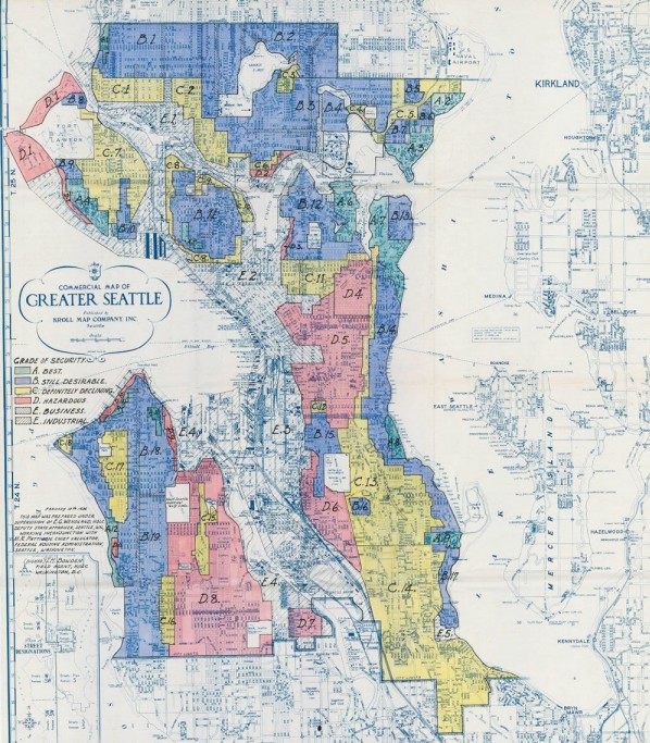 A 1936 redlining map shows the Central Area, Delridge, and Georgetown redlined, while the Rainier Valley, Junction, and lower Ballard and Fremont are in yellow indicating less desirable and worsening areas for banks to make loans.