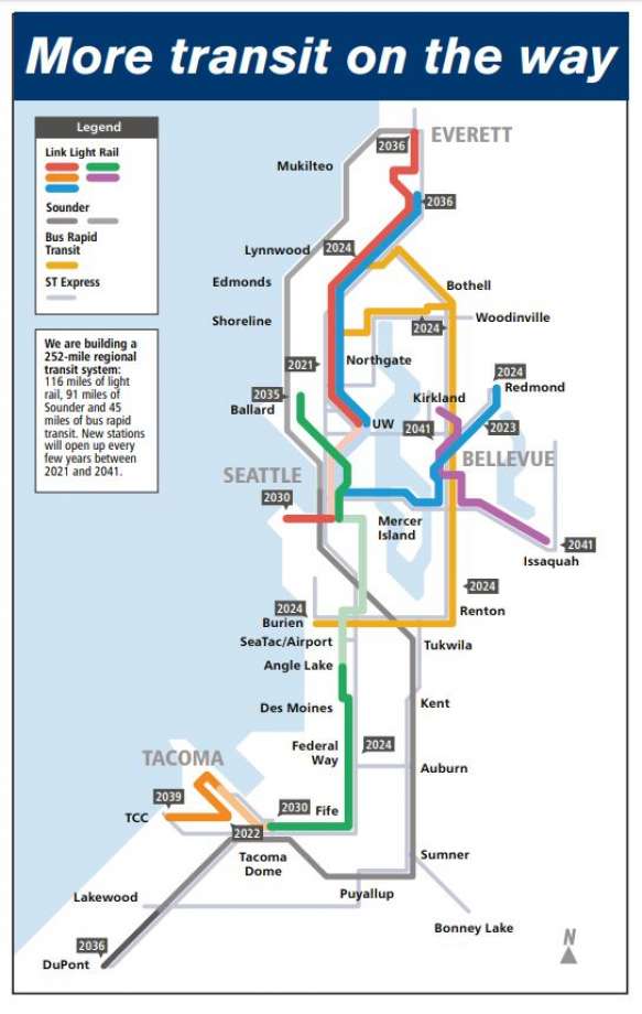 The light rail network will greatly expand in the next couple decades. 116 miles of light rail are planned by 2041 and 45 miles of bus rapid transit will open in 2024 along I-405 and SR-522. (Credit: Sound Transit)
