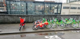 A bikeshare pile up where bikes accumulated outside the Sounder Station in Pioneer Square. (Photo by Doug Trumm)