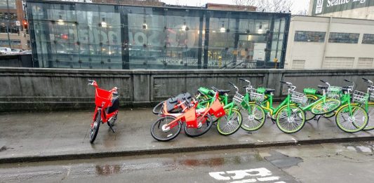 A bikeshare pile up where bikes accumulated outside the Sounder Station in Pioneer Square. (Photo by Doug Trumm)