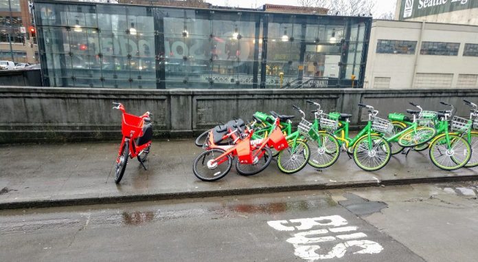 A bikeshare pile up where bikes accumulated outside the Sounder Station in Pioneer Square. (Photo by Doug Trumm)