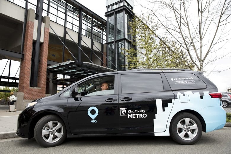 Via to Transit is a Metro partnership with ridehailing operator Via providing on-demand rides to Southeast Link stations. (Credit: King County Metro)