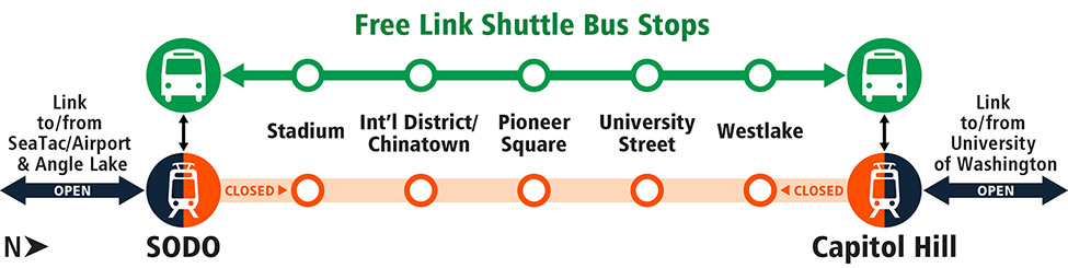 Schematic of the free shuttle bus service and stops that will be provided during the full Downtown Seattle station closure. (Sound Transit)