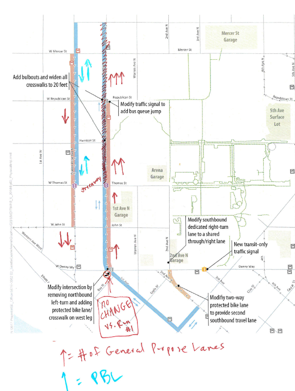 This document, obtained from SDOT, shows the number of general purpose lanes in each segment of the 1st Ave/Queen Anne couplet with red arrows, and the proposed bike facility in blue. A bike lane on 1st Avenue N north of Thomas was crossed out of the map. (City of Seattle)