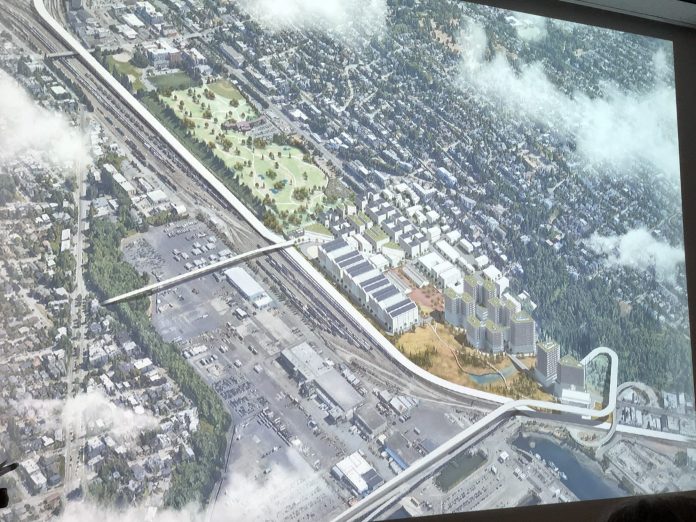 Urban Assemblage Rendering of residential towers and mixed industrial maker space with proposed salt water marsh. BE 405/505 project group “Urban Assemblage.”