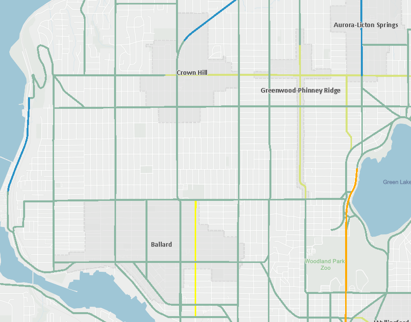 SDOT's speed limit map showing current speed limits. Major arterials citywide will see their speed limits brought down from 30 mph (green) and 35 mph (blue) to 25 mph by next year, with possible reductions on highways like Aurora Ave N. (City of Seattle)