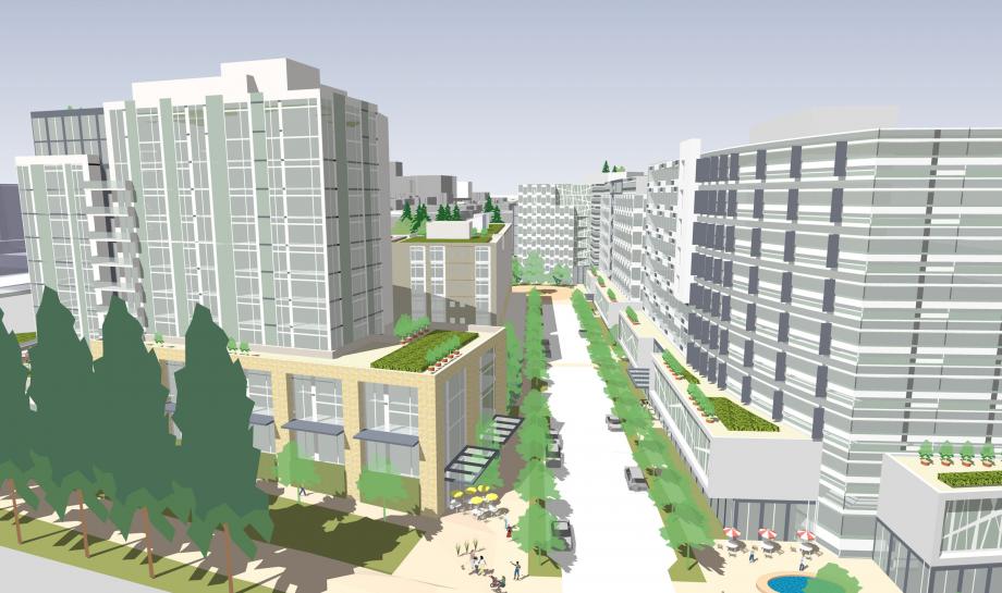 Rendering of possible buildings on the TOD site as seen from 120th Ave NE. (Sound Transit)