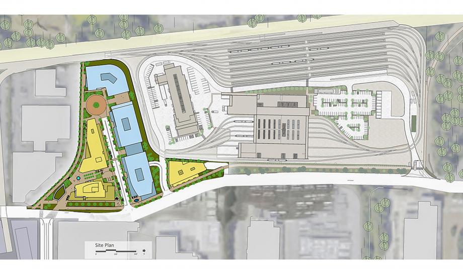 Conceptual site and landscape plan of the TOD site and OMF East from above. (Sound Transit)