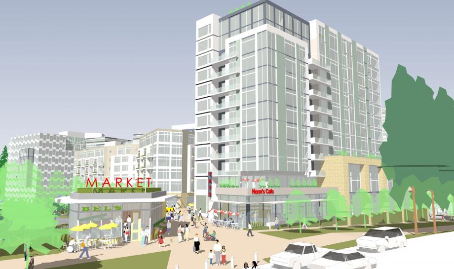 Rendering of possible buildings and public space on the TOD site as seen within the site. (Sound Transit)