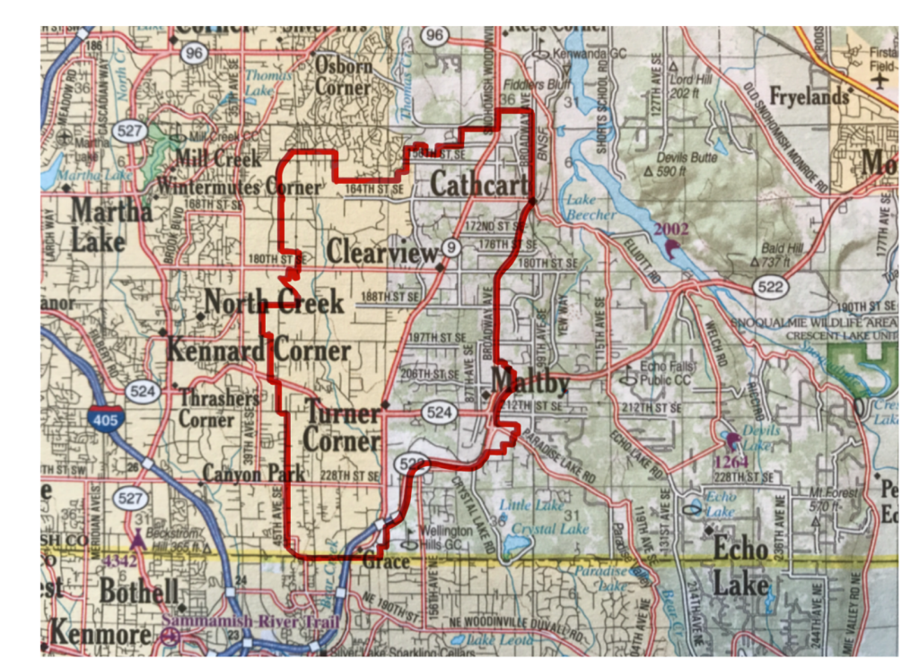 Road map with the Clearview Cluster highlighted in red. The boundary surrounds yellow area identified as urban in the map legend.