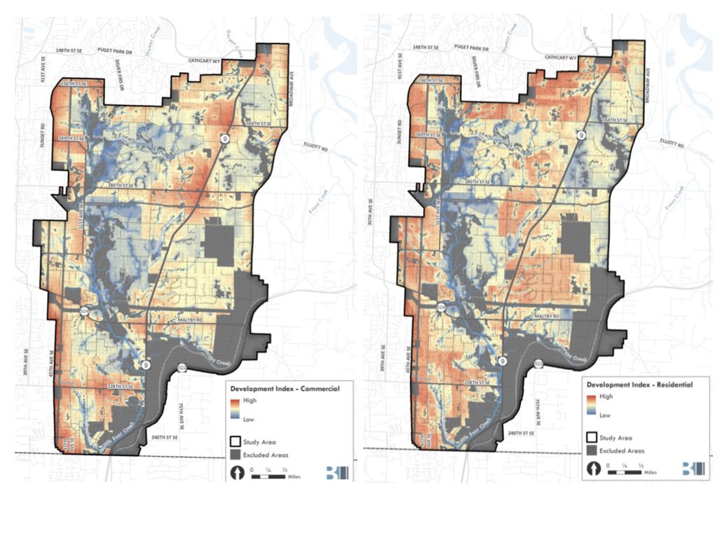Development Index heat maps showing the areas most appropriate (red) and least appropriate (blue) for commercial and residential development. (Snohomish County) 