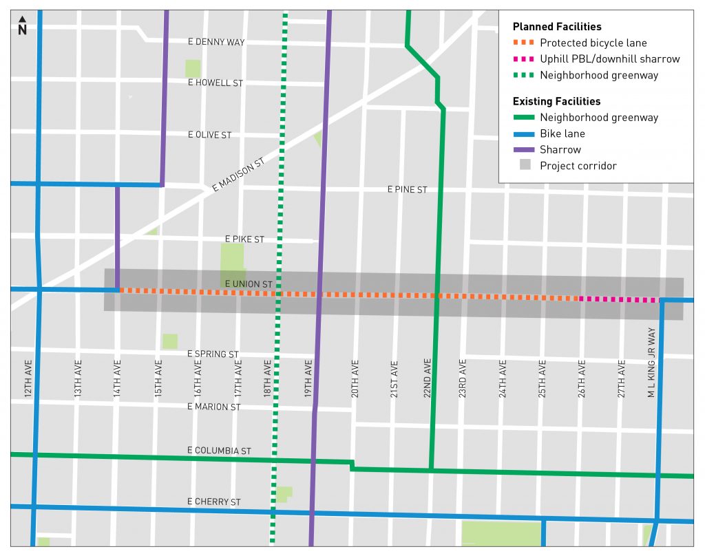 Updated map showing a complete connection between 14th and 26th Ave on E Union St, with a full connection from MLK Jr Way for westbound riders (City of Seattle)