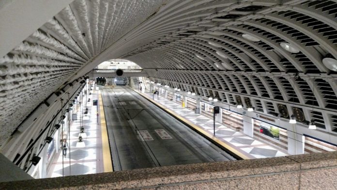 Pioneer Square Station platform from the mezzanine level.