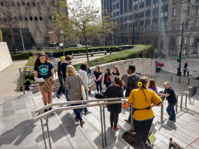 Youth climate activists organized the first Fridays for the Future rally on March 22, 2019. District 4 City Council candidate Shaun Scott attended and gave a brief talk encouraging activists. (Photo by author)