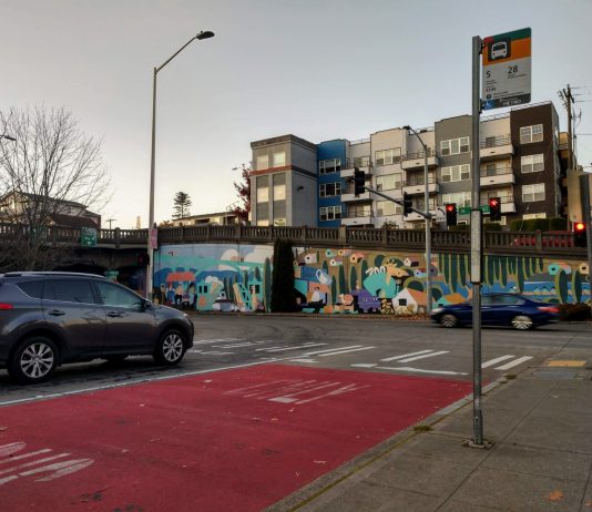Camera Enforcement Bill Returns with Hopes of Unclogging Bus Lanes and Crosswalks Camera enforcement of blocking the box and bus lanes would be a possibility at this Fremont intersection if SB 5789 passes. (Photo by Doug Trumm)