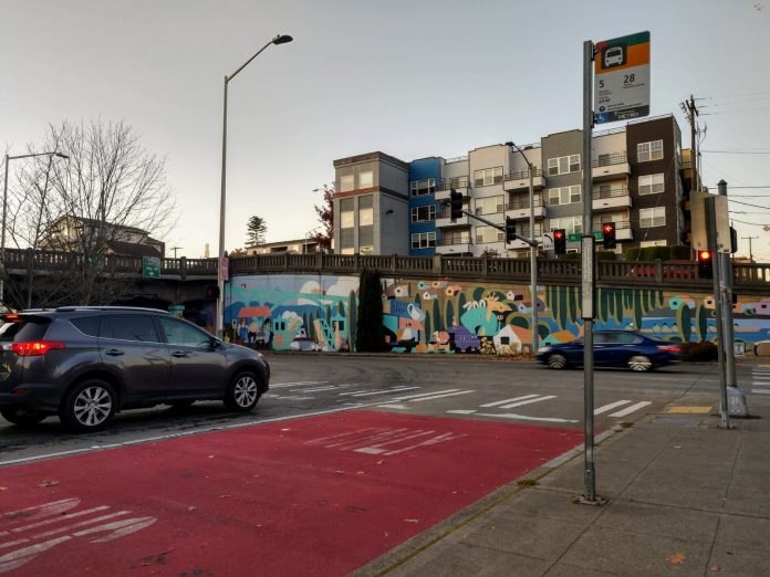 Camera enforcement of blocking the box and bus lanes would be a possibility at this Fremont intersection if SB 5789 passes. (Photo by Doug Trumm)