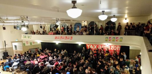 Washington Hall was filled to the brim with Sawant supporters. (Photo by Doug Trumm)