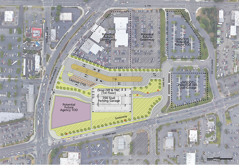 Conceptual site layout of the South Renton station site, which is oriented around the parking garage. (Sound Transit)