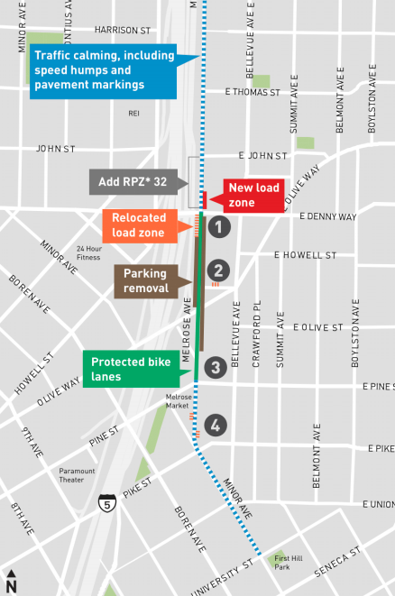 Map showing improvements coming to Melrose Avenue with protected bike lanes between Pine St and Denny Way (SDOT)