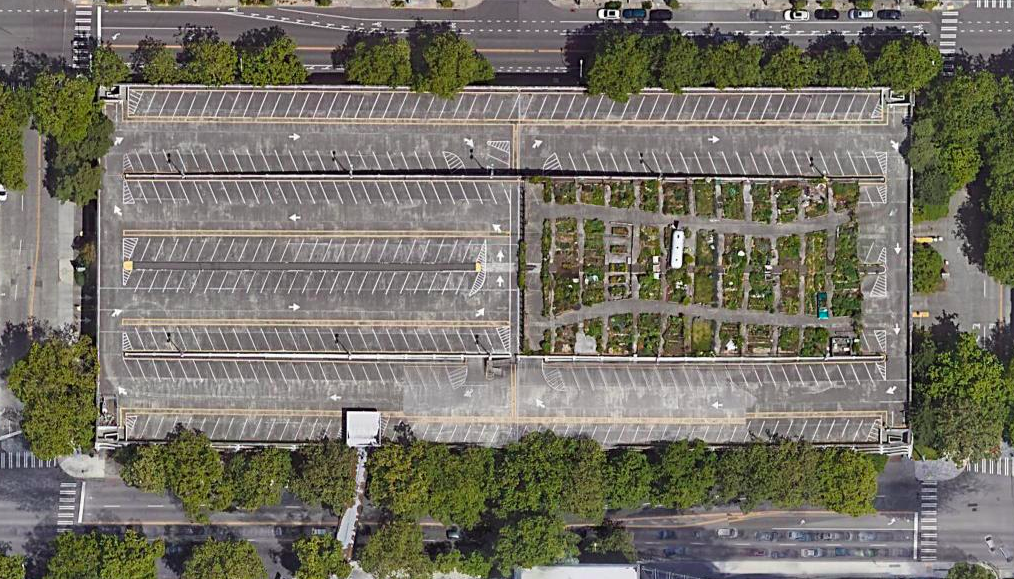 The Mercer garage occupies two entire blocks north of the Seattle Center, with a catwalk over Mercer Street. (Google Maps)