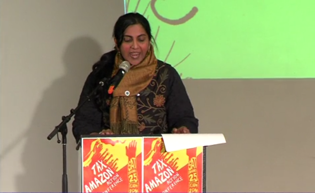 Councilmember Sawant fired up the crowd during her Tax Amazon speech at Washington Hall. (Seattle Channel)