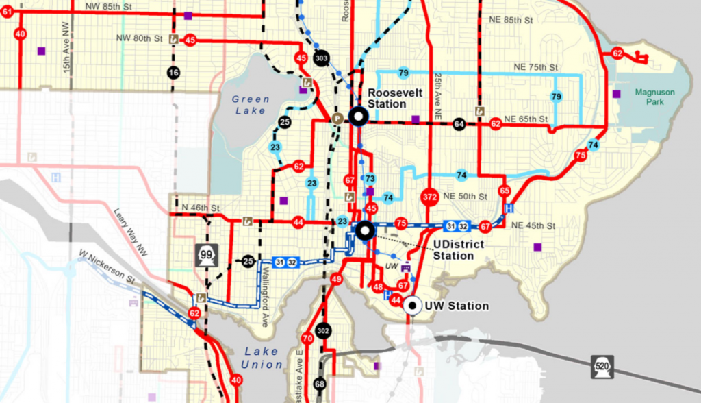 Metro's proposed bus restructure would offer revised paths and new routes to reach the three new light rail stations in North Seattle. (King County Metro)