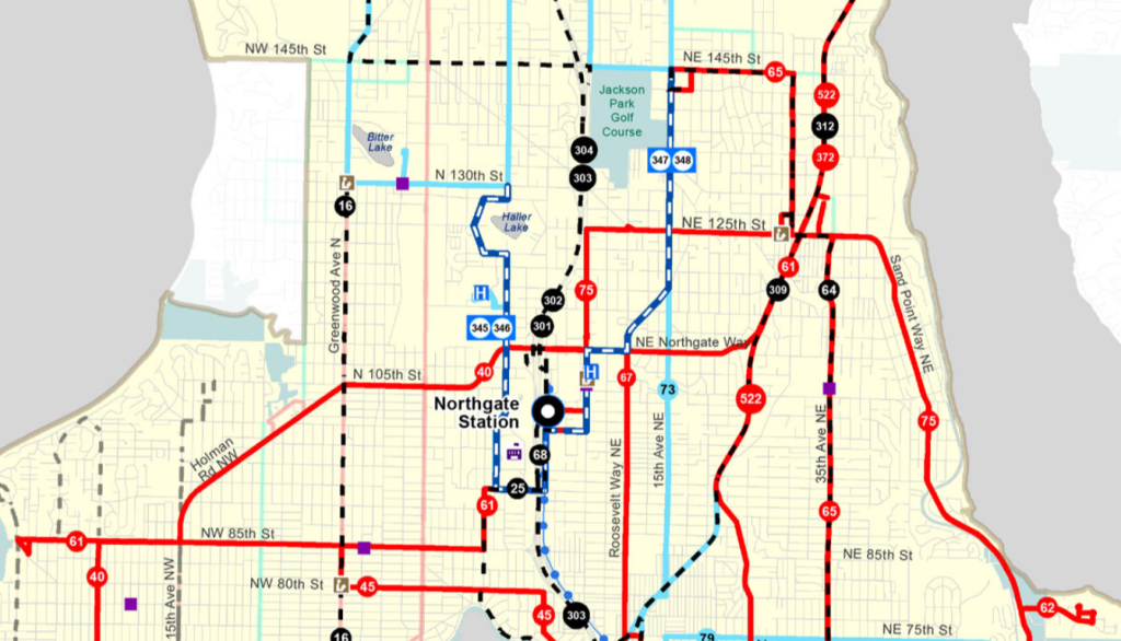 The new Route 61 may be the most dramatic change with a new Loyal Heights to Lake City crosstown route. Shoreline routes mostly head to Northgate Station. (King County Metro)
