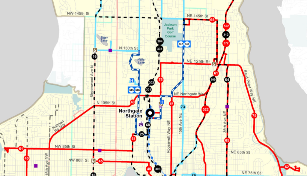 The new Route 61 may be the most dramatic change with a new Loyal Heights to Lake City crosstown route. Shoreline routes mostly head to Northgate Station. (King County Metro) 