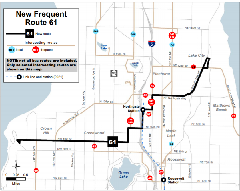 The new Route 61 would be a frequent route tying NW 85th Street corridor with Northgate Station and Lake City. (King County Metro)