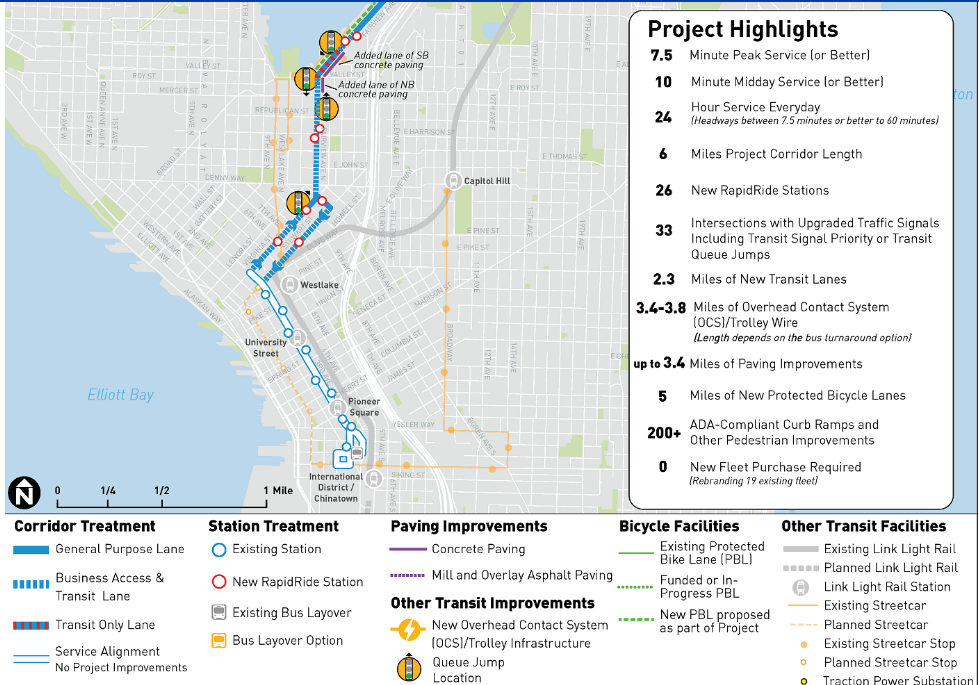 Tranist lanes on Fairview Avenue. would help speed up RapidRide J. Protected bike lanes are envisioned on Eastlake Avenue. (SDOT)