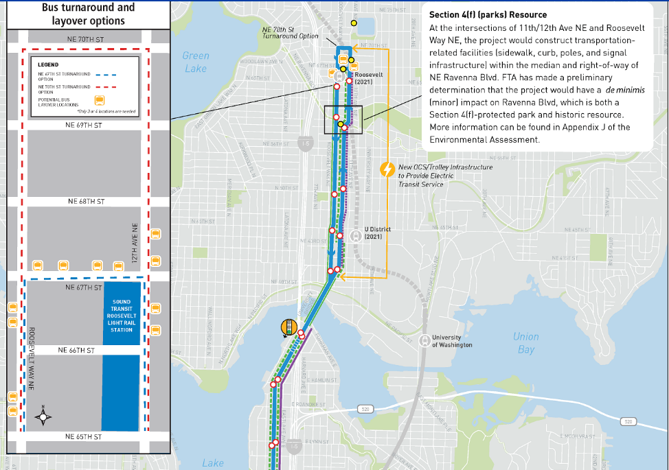 RapidRide J would run southbound on Roosevelt Way and 12th Avenue NE northbound to Roosevelt Station. (SDOT) 