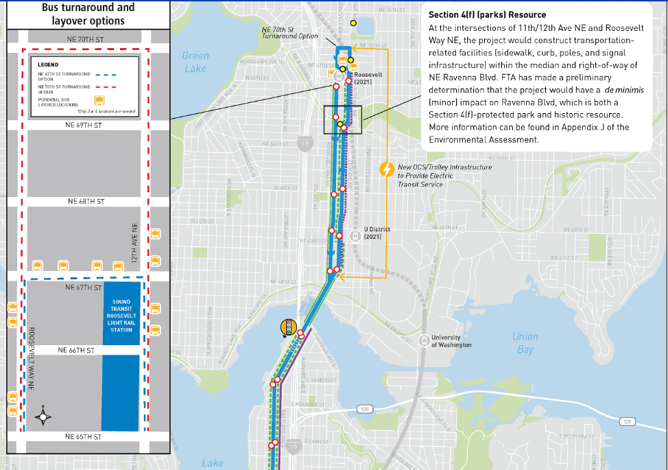 RapidRide J would run southbound on Roosevelt Way and 12th Avenue NE northbound to Roosevelt Station. (SDOT)
