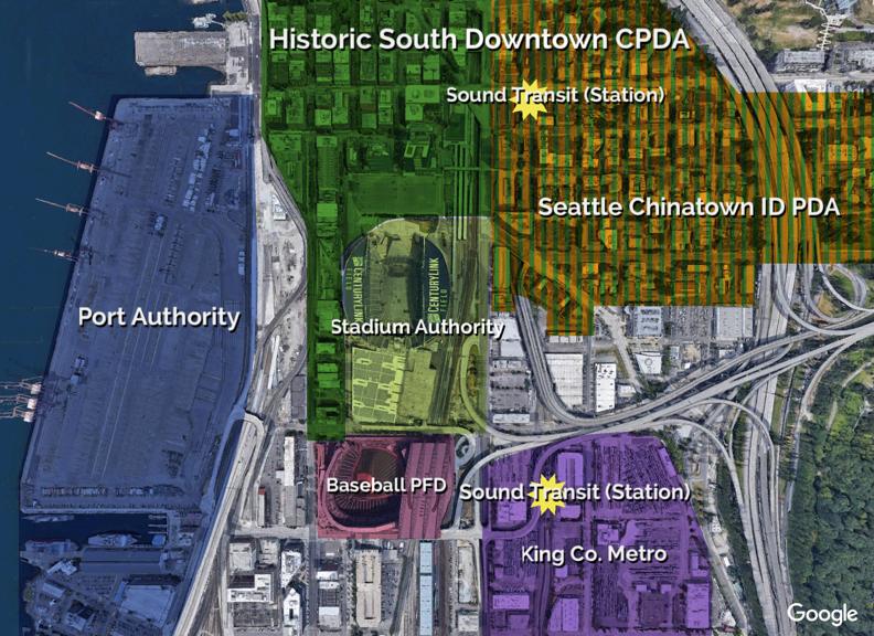 A map showing the intersection of public authorities around Seattle’s stadiums. Within a few blocks, there are two neighborhood development authorities, two stadium authorities, the port, Sound Transit, and King County Metro.