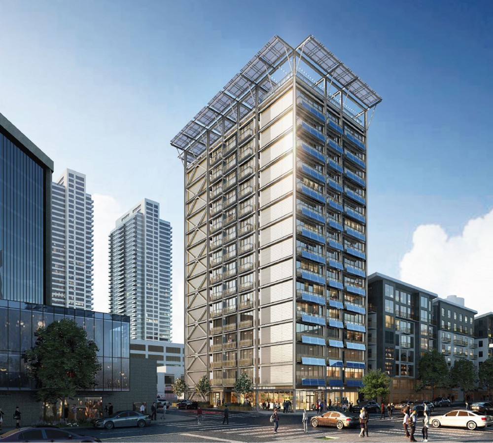 A rendering for SLI's 15-story prefab tower in Belltown. (Collins Woerman)