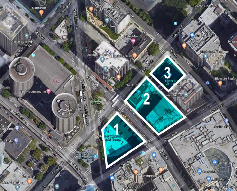 These three parcels will house 800 or more residential units, 900,000 square feet of office space, and 24,000 square feet of food and beverage retail. The mixture of uses will generate over 7,500 users in and around the streetcar stop on Westlake. (Google Maps, edited by the Author)
